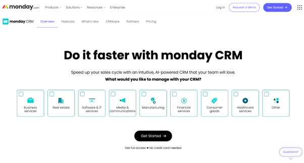 Monday sales CRM screen shot website