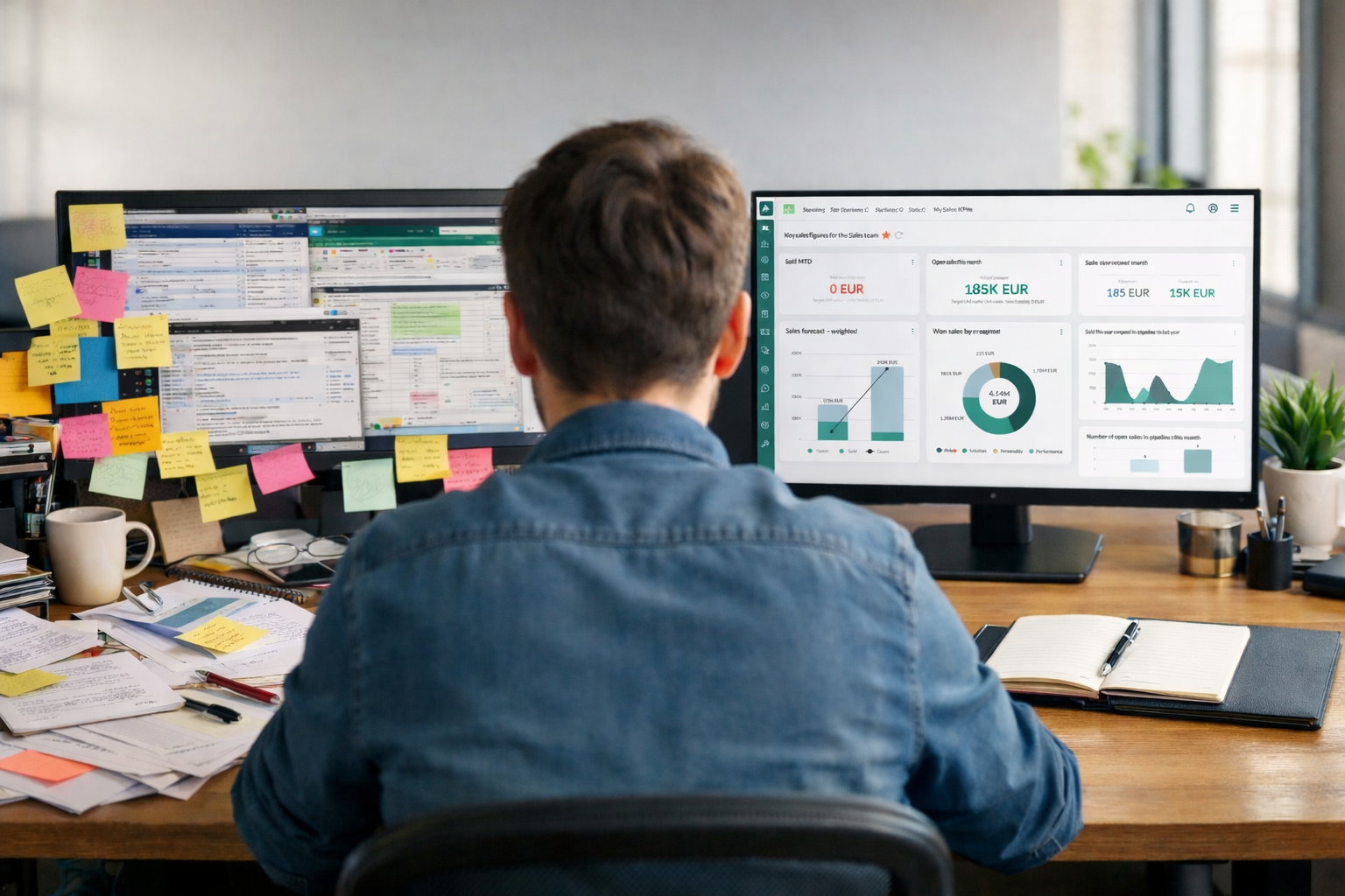 Foto av huvudpersonen framför datorn med många post-it-lappar