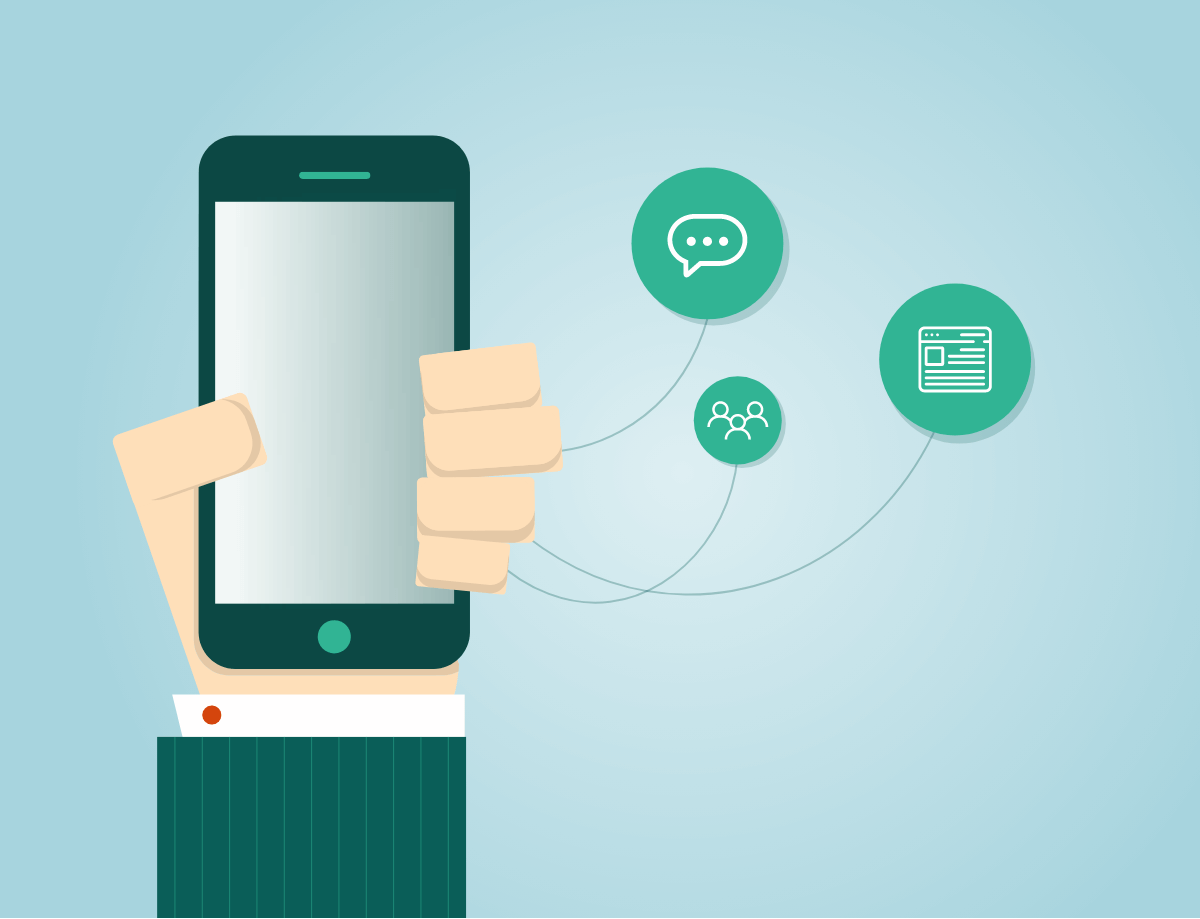 Illustration av en hand som håller en mobiltelefon