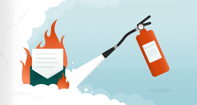  Illustration med brinnande brev och brandsläckare