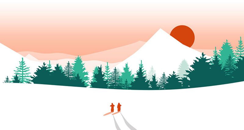 Illustration med fotvandrare i vinterlandskap