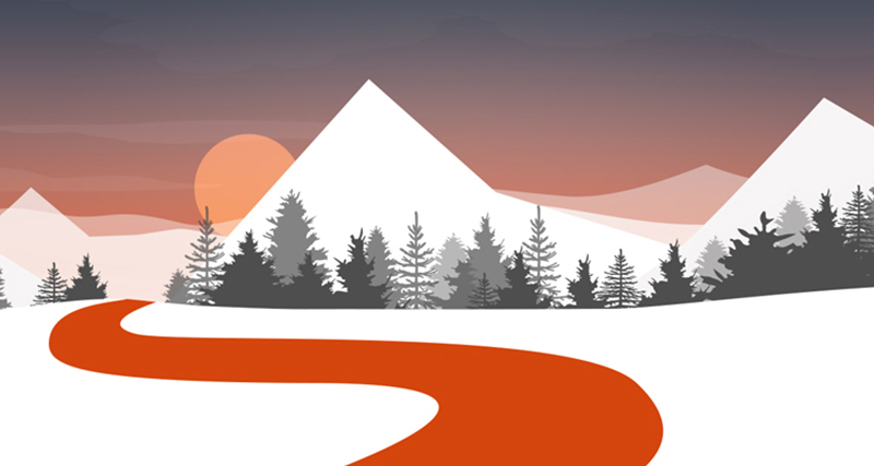 Illustration med en väg som slingrar sig genom ett vinterlandskap